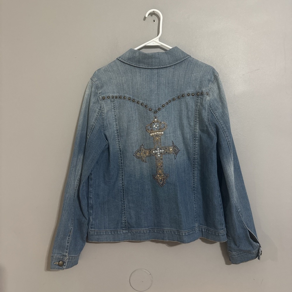 Vintage Women's Denim Jacket Button Up Size XL Rhinestone Cross Crown Design Y2K